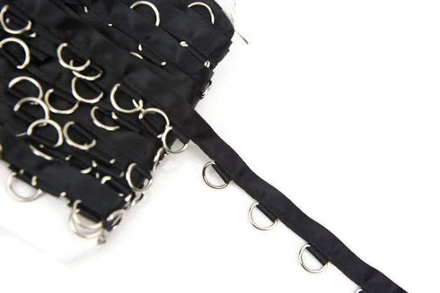 Nickel D Ring Tape on Black Satin Trim by the yard